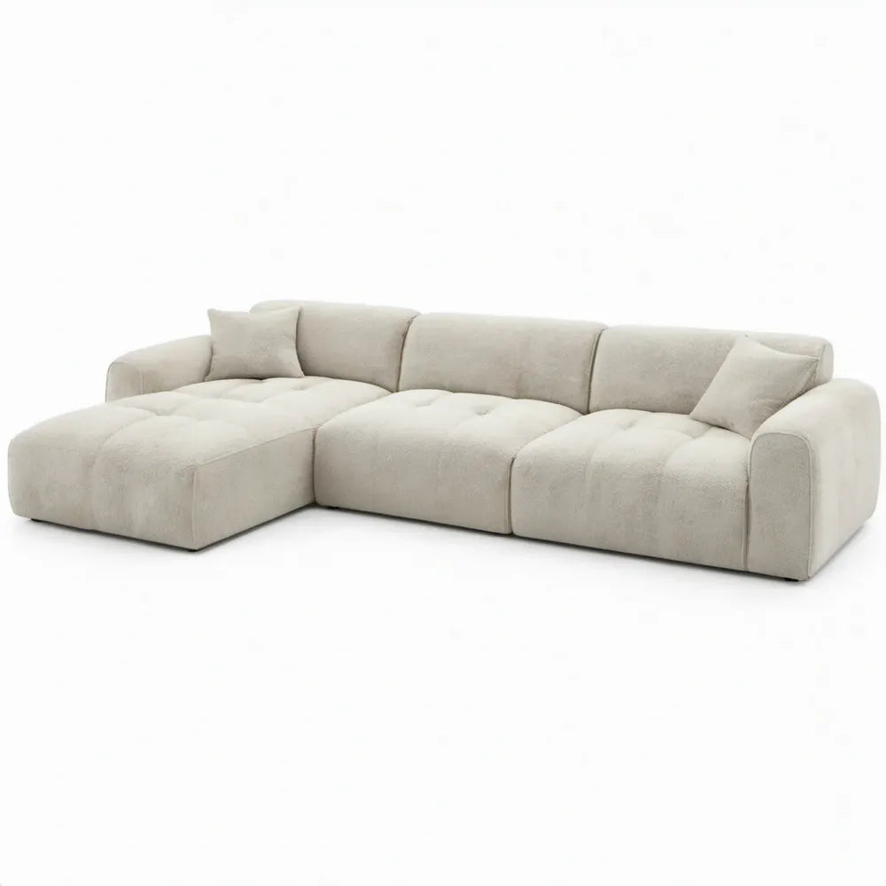 Beige hoekbank met chaise longue links, bouclé polyester, 280 x 170 x 85 cm