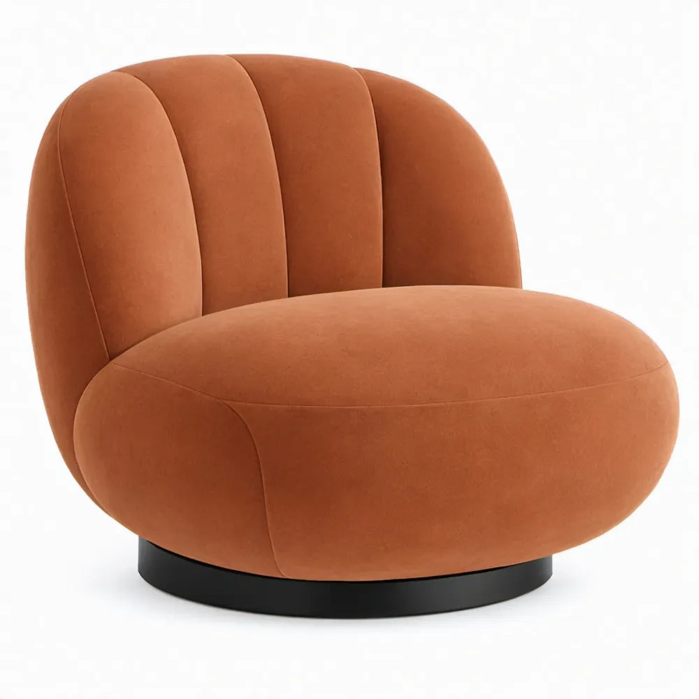 Draaibare fauteuil van terracottakleurig polyesterfluweel met zwarte ronde voet, 86 x 84 x 75 cm