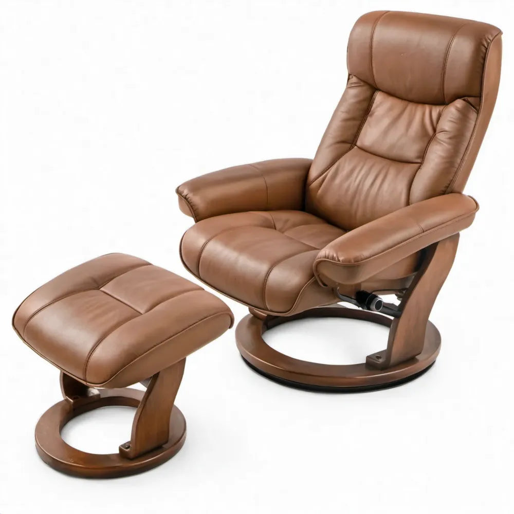 Bruine verstelbare draaifauteuil van PU-kunstleer met voetenbank, 80 x 85 x 105 cm