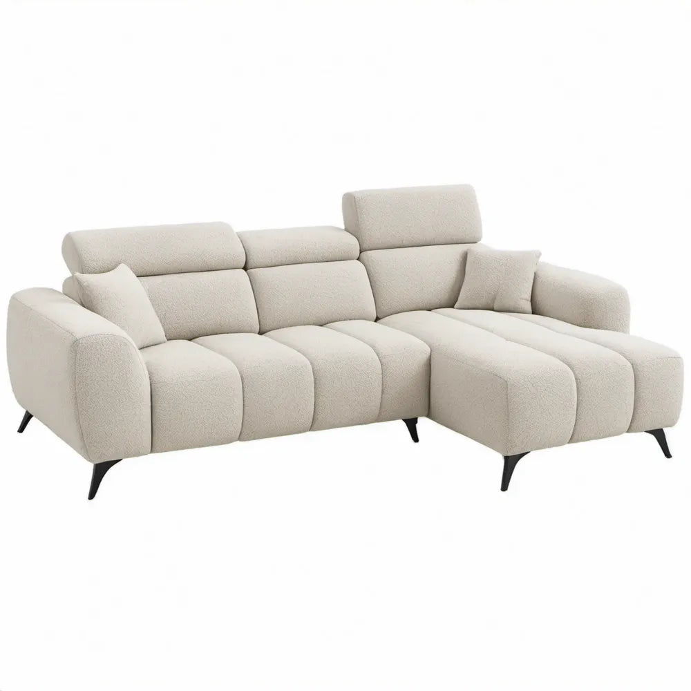 Crèmekleurige hoekbank met chaise longue rechts, bouclé bekleding – 280 x 165 cm