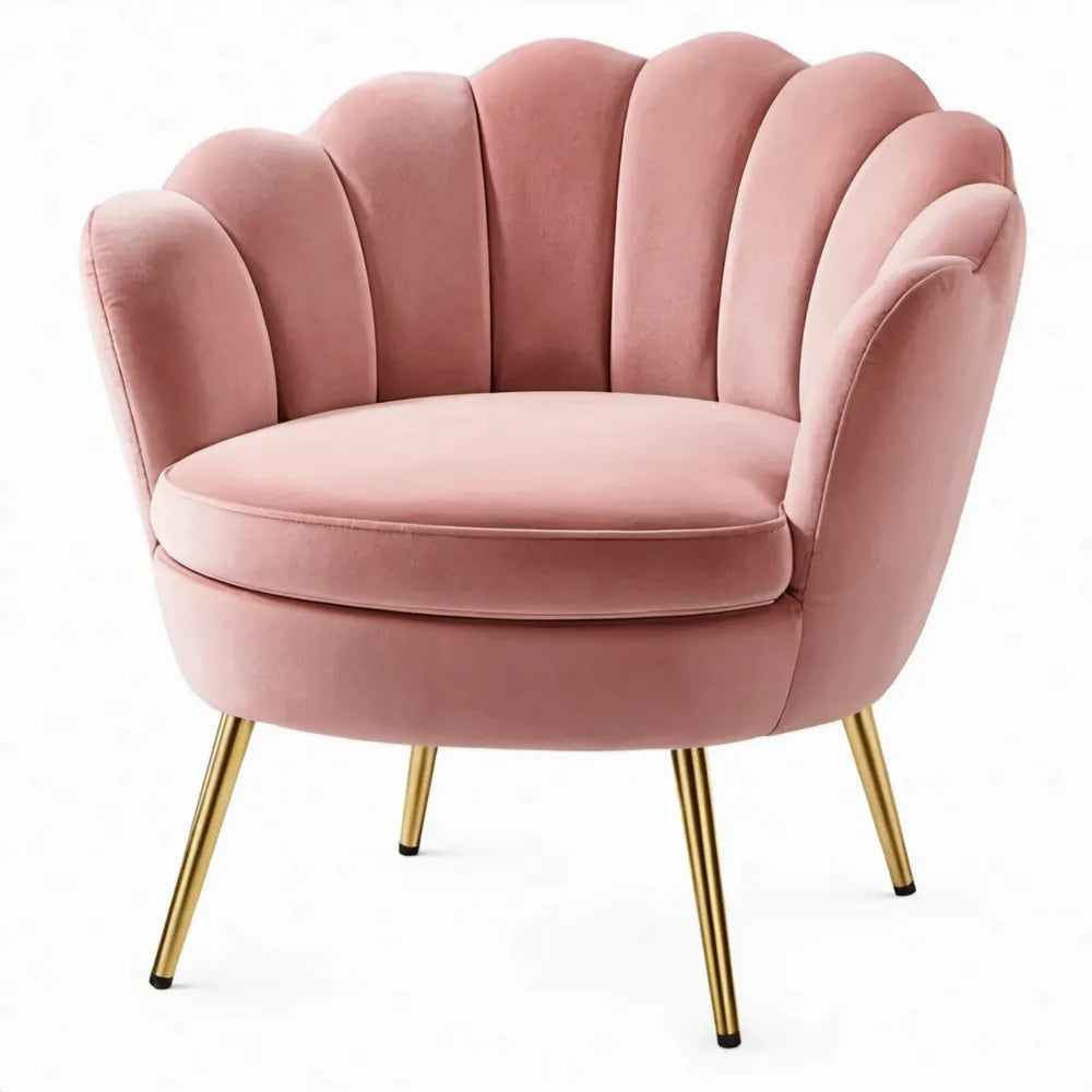 Roze schelpfauteuil van fluweel met goudkleurige stalen poten, 76 x 74 x 79 cm