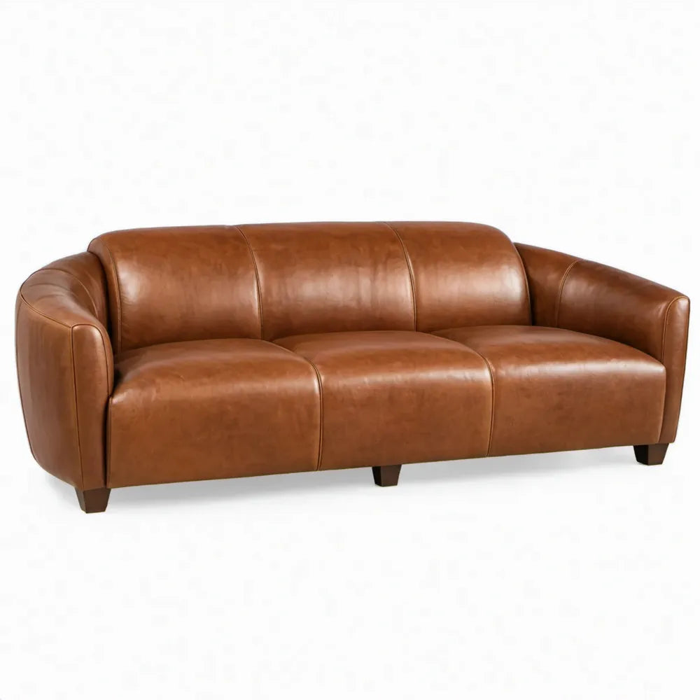 Cognacbruine 3-zitsbank van PU-kunstleer met rubberhouten poten, 210 x 90 x 82 cm