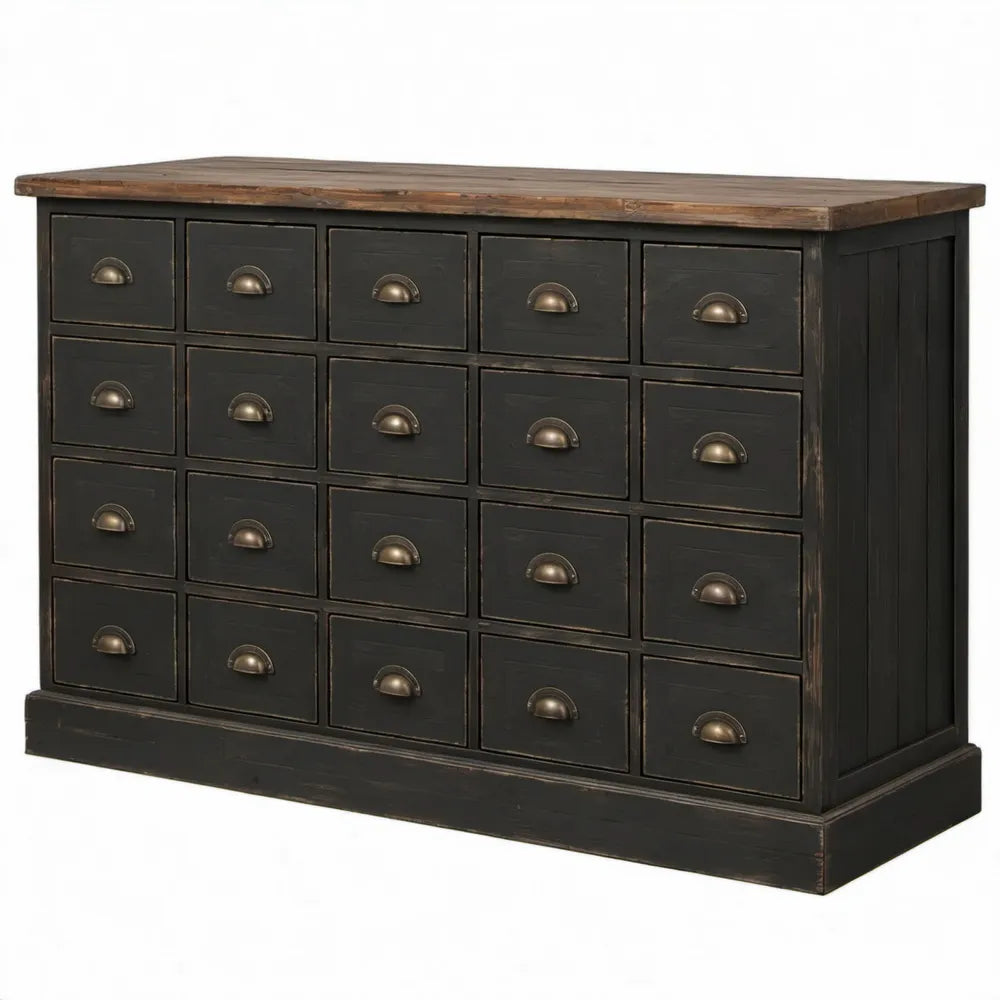Industriële ladekast met 20 lades, 160 x 45 x 100 cm, zwart/bruin