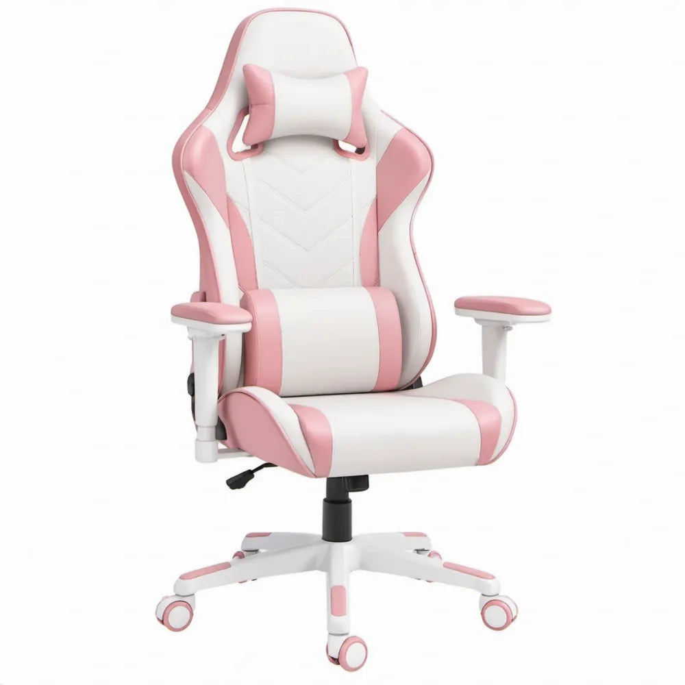 Verstelbare bureaustoel met hoofdsteun en lendenkussen, wit/roze, 66 x 64 x 118-128 cm