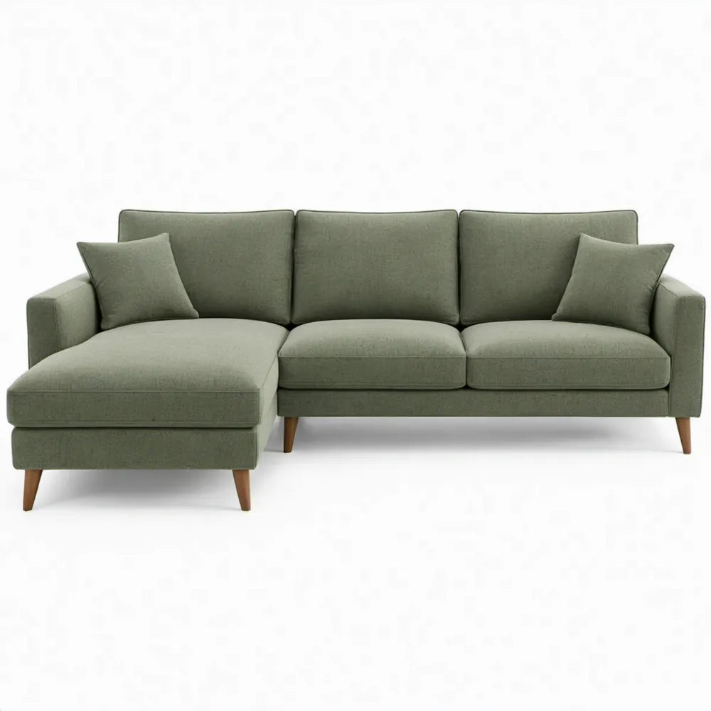 Olijfgroene L-vormige bank met linker chaise longue, 250 x 160 x 85 cm