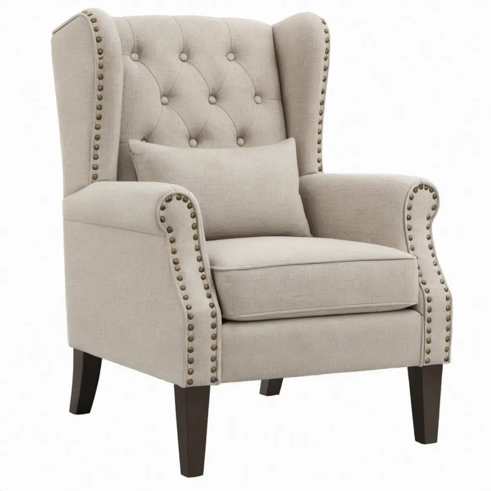 Beige oorfauteuil met hoge rugleuning, knopen en siernagels, 78 x 86 x 108 cm