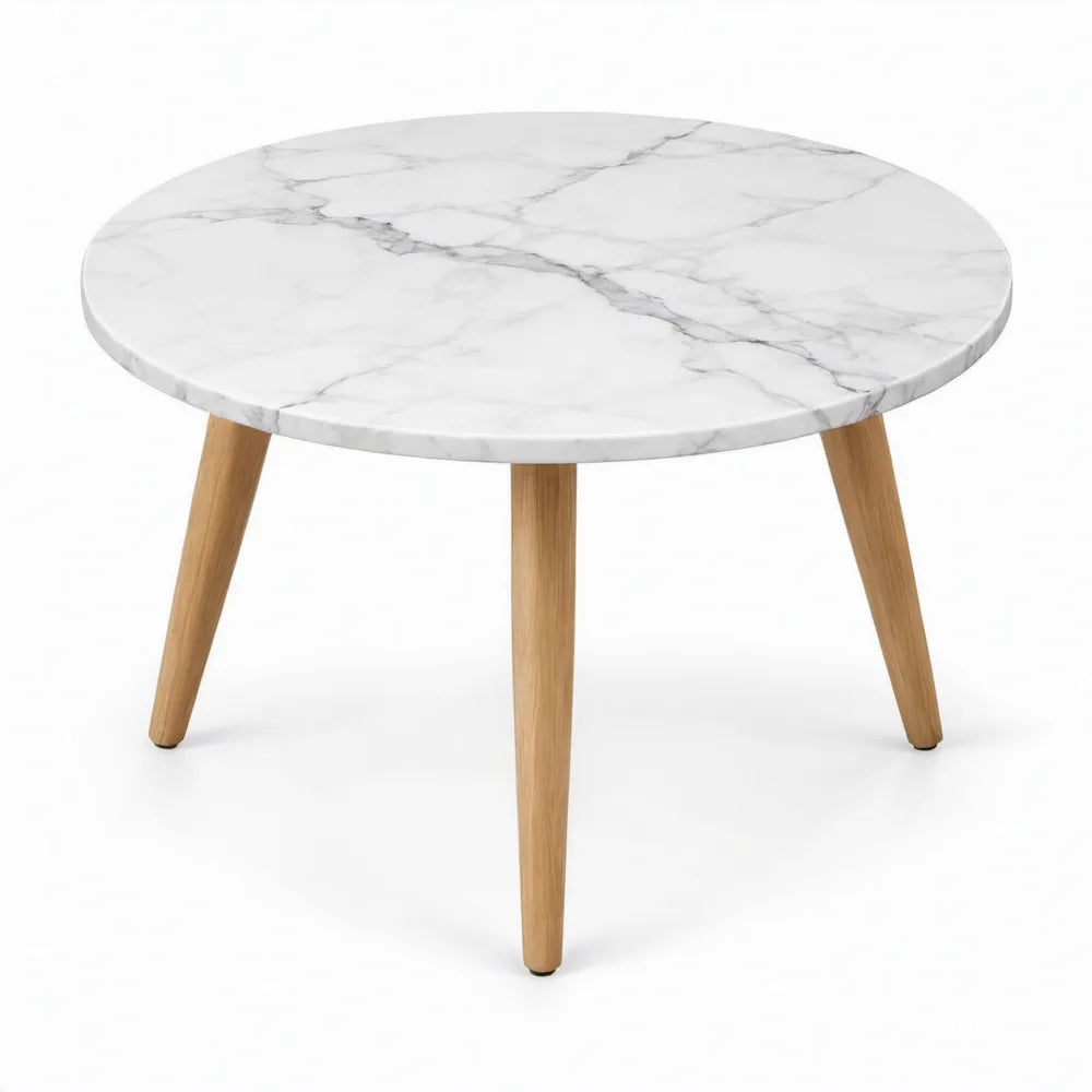 Ronde bijzettafel Ø 80 x 45 cm met wit marmerlook blad en naturel rubberhouten poten