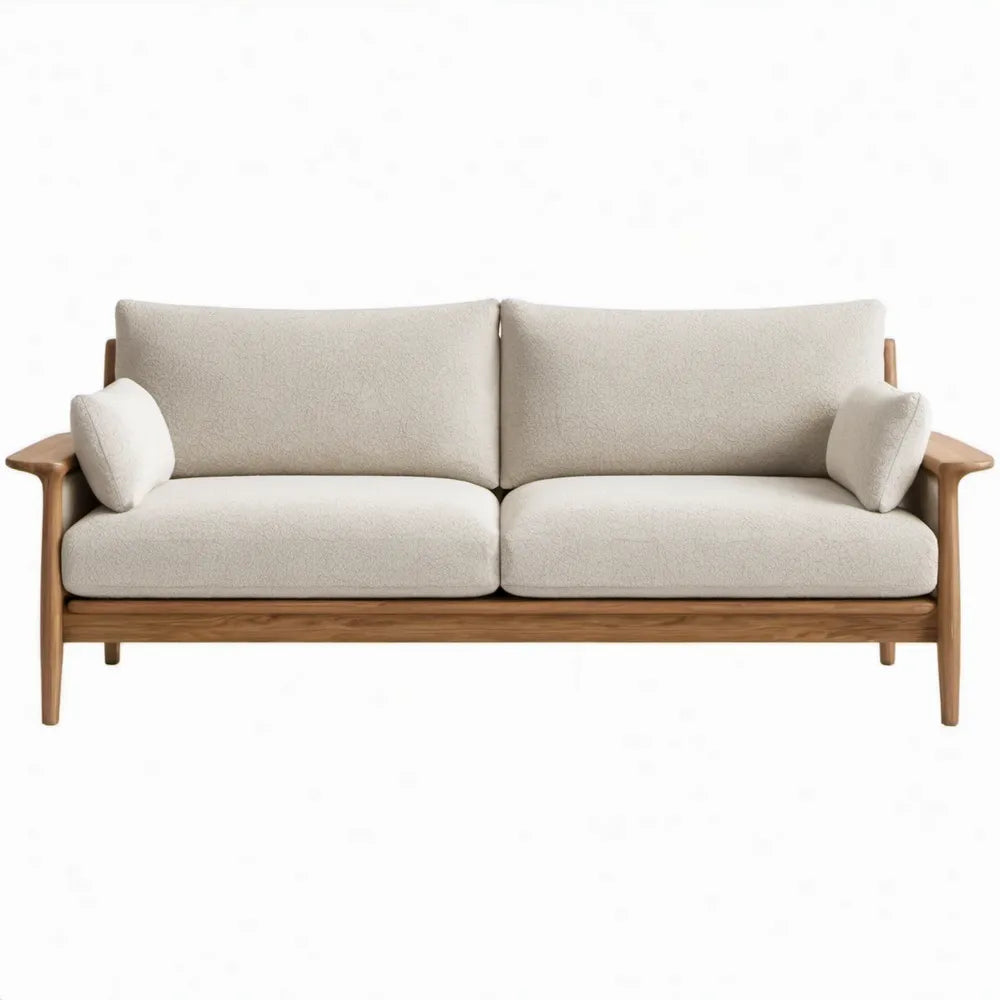 Beige 2-zitsbank met massief rubberhouten frame, 160 x 80 x 78 cm