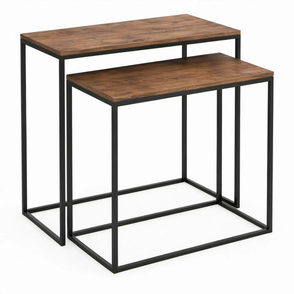 Set van 2 nestbare bijzettafels, bruin eikendecor en zwart staal, 50 x 40 x 50 cm / 45 x 35 x 45 cm