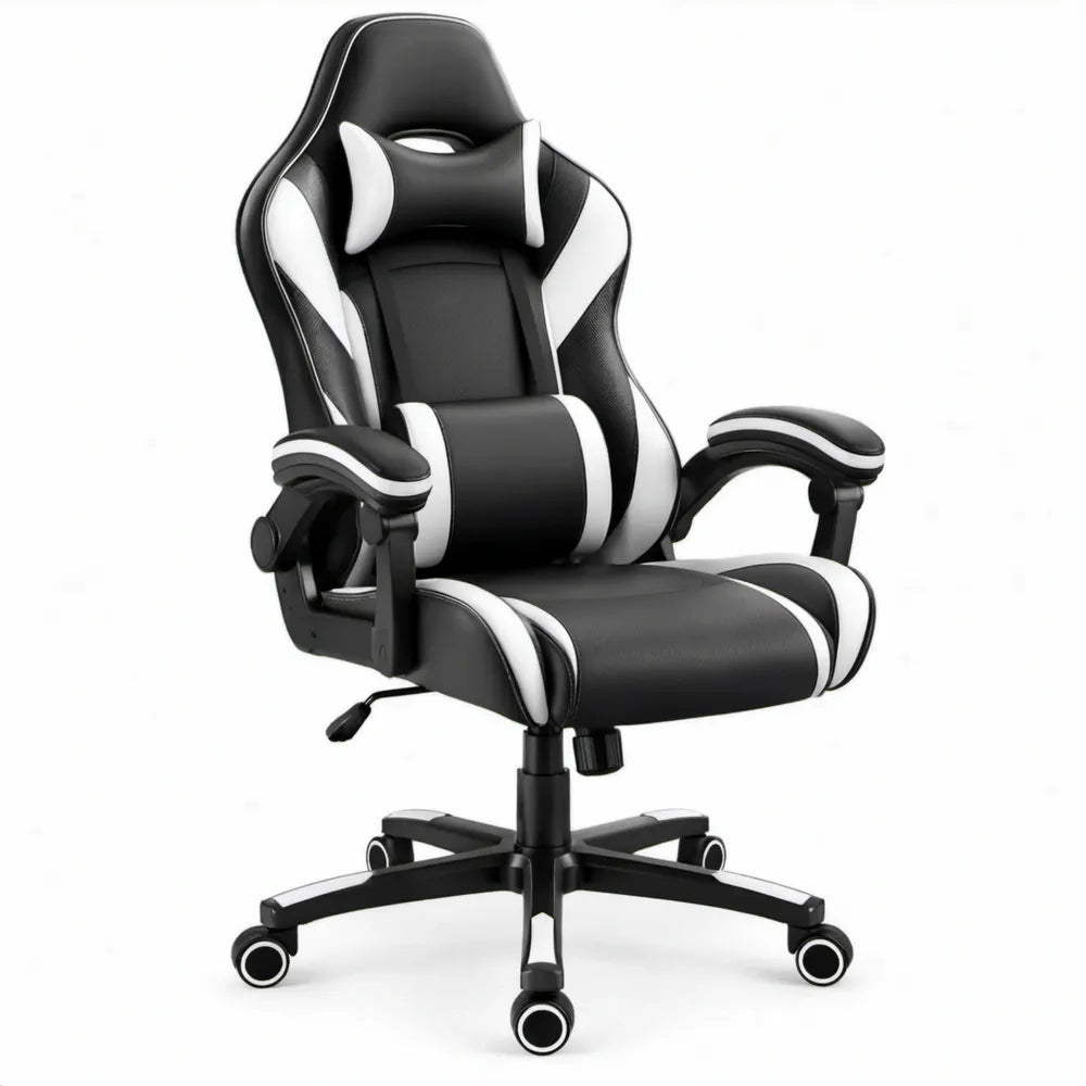 Verstelbare gamingstoel van zwart-wit PU-kunstleer met hoge rugleuning, 66 x 66 x 119-129 cm