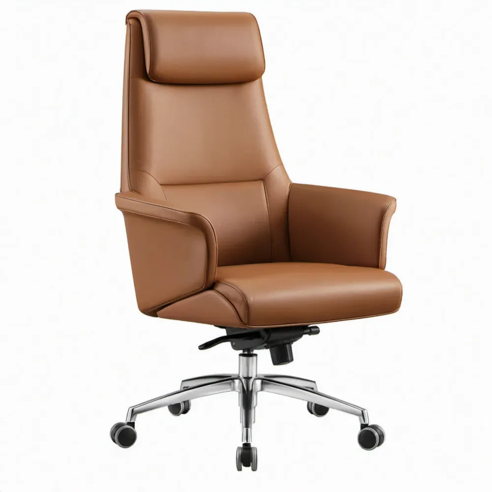 Draaibare bureaustoel met hoge rugleuning en hoofdsteun, 68 x 70 x 118-128 cm, cognacbruin