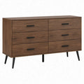 Walnootbruine ladekast met 6 lades, zwarte metalen poten, 140 x 40 x 80 cm