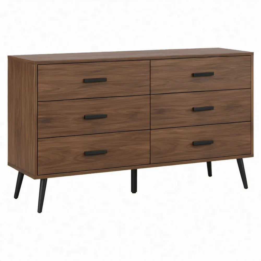 Walnootbruine ladekast met 6 lades, zwarte metalen poten, 140 x 40 x 80 cm