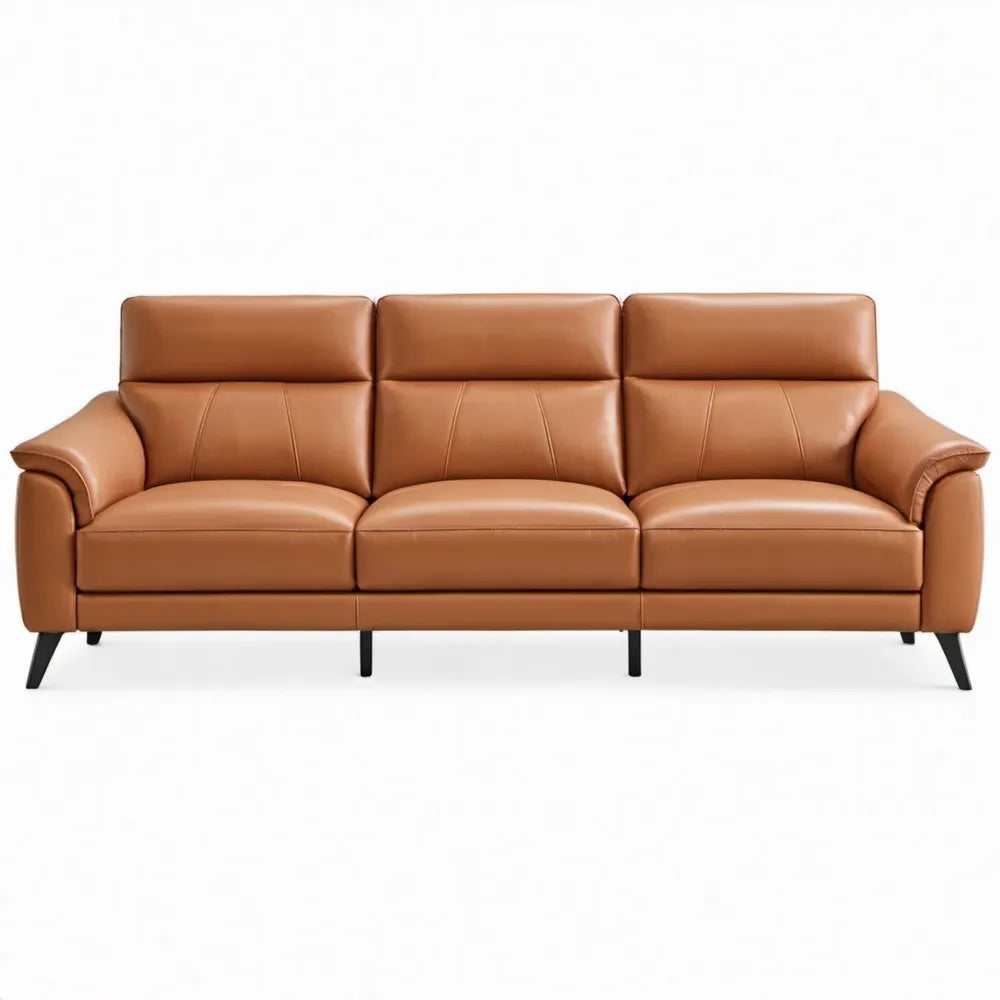 3-zitsbank van cognackleurig PU-kunstleer met zwarte stalen poten, 210 x 90 x 92 cm