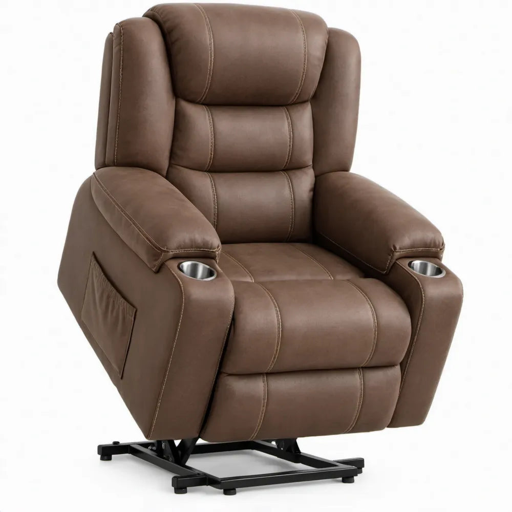 Elektrische sta-op relaxfauteuil van bruin PU-kunstleer met bekerhouders en zijvak, 89 x 94 x 104 cm