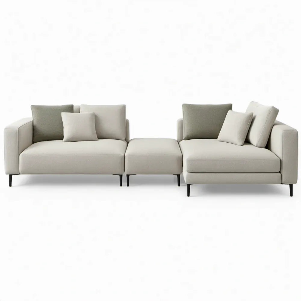 Modulaire 3-zitsbank met hocker, 300 x 100 x 85 cm, crèmewit/grijsbeige/zwart
