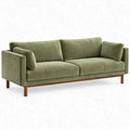 Olijfgroene 3-zitsbank van polyesterfluweel met bruine rubberhouten poten, 210 x 90 x 82 cm