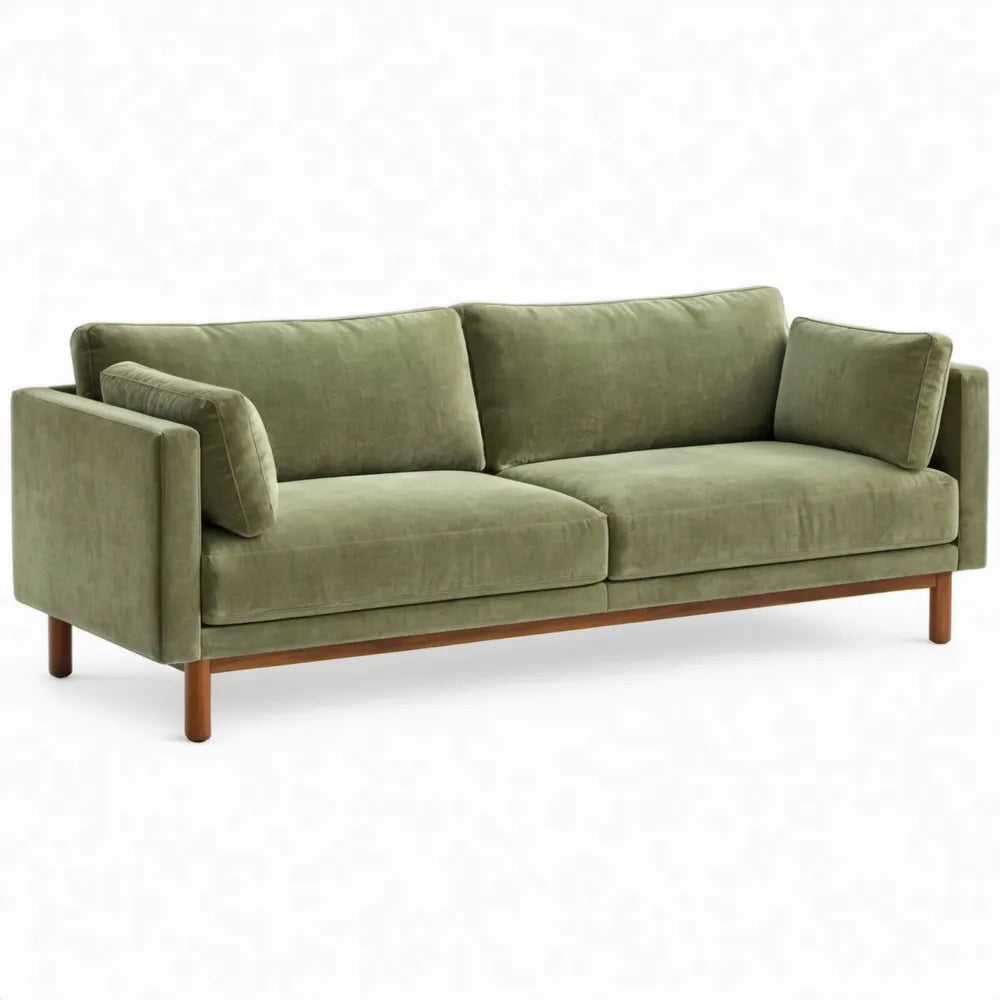 Olijfgroene 3-zitsbank van polyesterfluweel met bruine rubberhouten poten, 210 x 90 x 82 cm