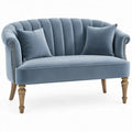 Blauwe fluwelen 2-zitsbank met houten poten, 130 x 76 x 82 cm